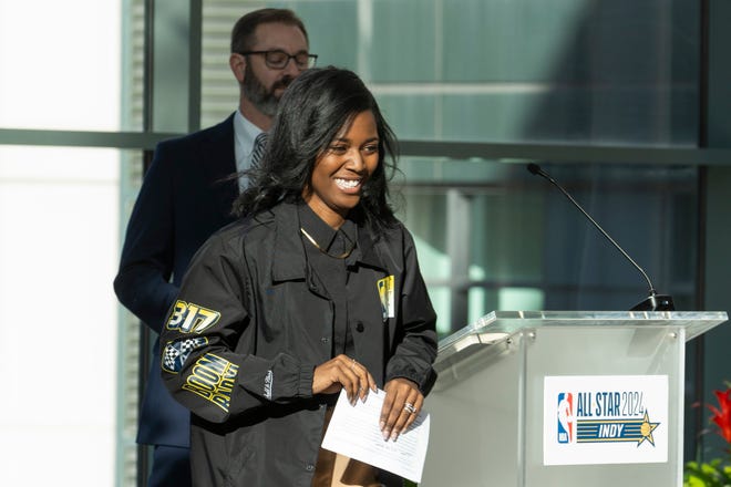 Ebony Armstrong, Director of Events, Activations and Venues for NBA All-Star 2024, announces NBA All-Star 2024 arts and culture events at a press conference Wednesday, Jan. 17, 2024, at the Indianapolis Artsgarden.