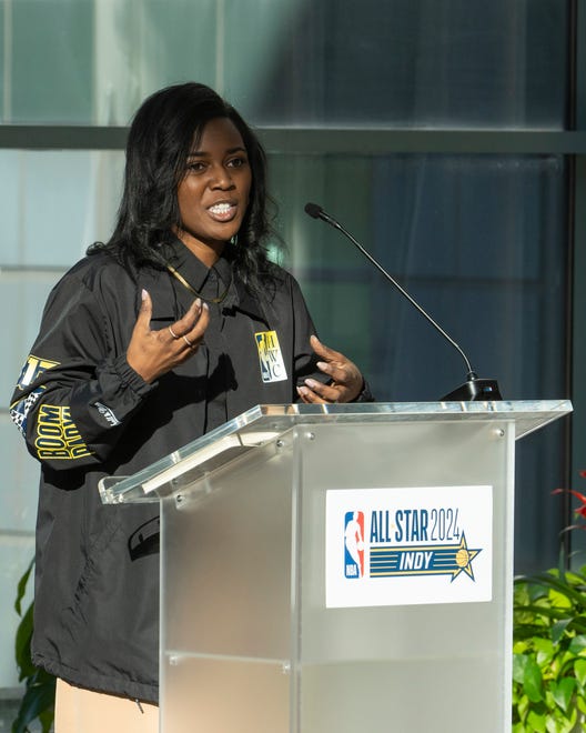 Ebony Armstrong, Director of Events, Activations and Venues for NBA All-Star 2024, announces NBA All-Star 2024 arts and culture events at a press conference Wednesday, Jan. 17, 2024, at the Indianapolis Artsgarden.