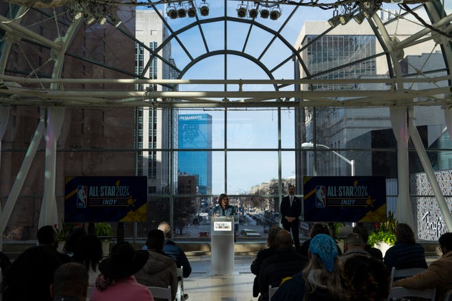 Julie Goodman, Indy Arts Council President & CEO, announces NBA All-Star 2024 arts and culture events at a press conference Wednesday, Jan. 17, 2024, at the Indianapolis Artsgarden.