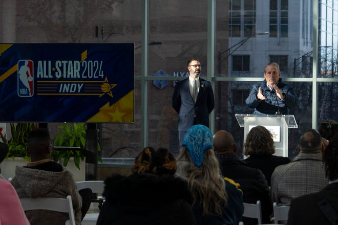 Rick Fuson, Pacers Sports & Entertainment CEO and Chairman of the NBA All-Star 2024 Board of Directors, announces NBA All-Star 2024 arts and culture events at a press conference Wednesday, Jan. 17, 2024, at the Indianapolis Artsgarden.