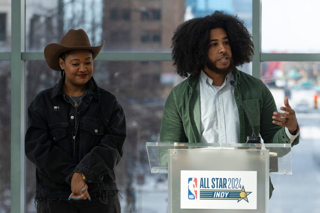 Alan Bacon, GANGGANG Co-Founder, announces NBA All-Star 2024 arts and culture events at a press conference Wednesday, Jan. 17, 2024, at the Indianapolis Artsgarden.