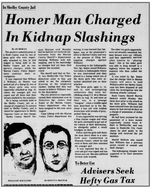 'Homer man charged in kidnap slashings' headline from the Dec. 1, 1975 edition of the Rushville Republican.