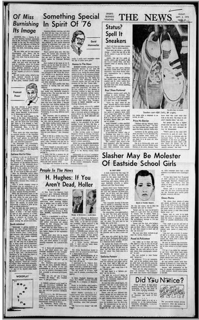 'Slasher may be molester of eastside school girls' headline from the Sept. 5, 1975 edition of the Indianapolis News.