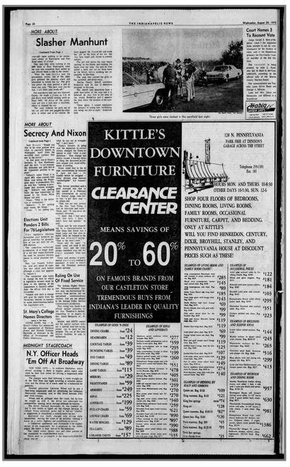'Slasher manhunt' story continued on Page 20 of the Aug. 20, 1975 evening edition of The Indianapolis News.