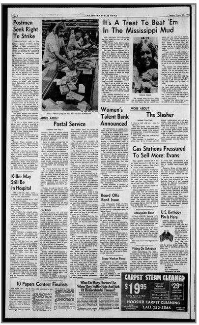 'Slasher' story continued on Page 6 of the Aug. 26, 1975 evening edition of The Indianapolis News.