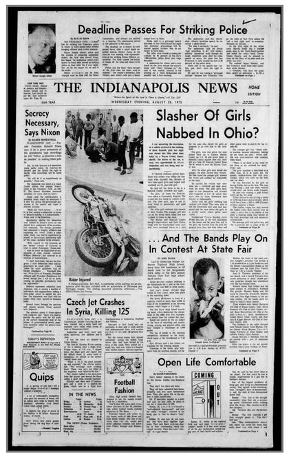 'Slasher of girls nabbed in Ohio?' headline from the Aug. 20, 1975 evening edition of The Indianapolis Star.