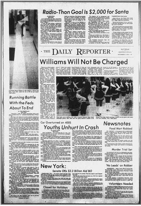 'Williams will not be charged' headline from the Dec. 6, 1975 edition of The Daily Reporter in Greenfield.
