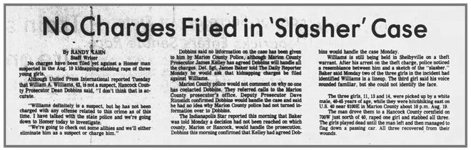 'No charges filed in 'Slasher' case' headline from the Dec. 3, 1975 edition of The Daily Reporter in Greenfield.