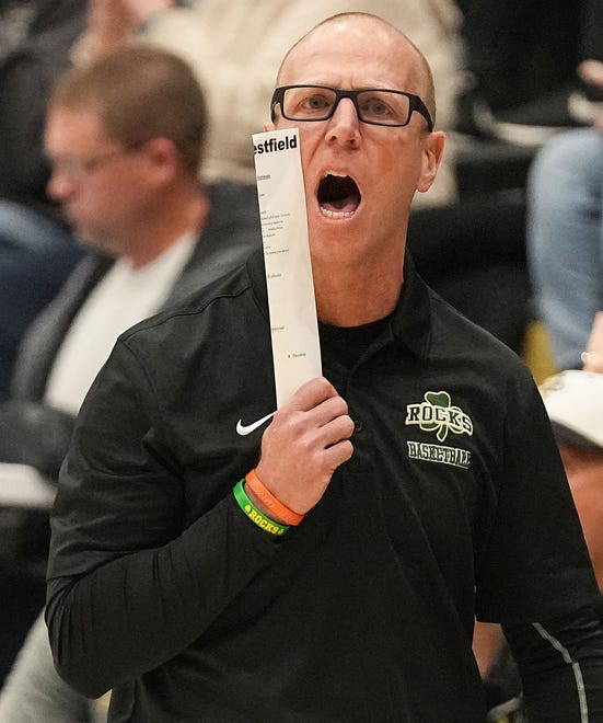 Westfield Shamrocks head coach Shane Sumpter yells to players on the court Wednesday, Jan. 17, 2024, during the game at Noblesville High School in Noblesville. The Westfield Shamrocks defeated the Noblesville Millers, 58-54.