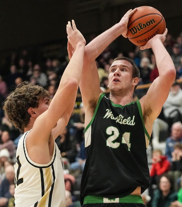 Westfield Shamrocks forward Nic Book (24) shoots the ball Wednesday, Jan. 17, 2024, during the game at Noblesville High School in Noblesville. The Westfield Shamrocks defeated the Noblesville Millers, 58-54.