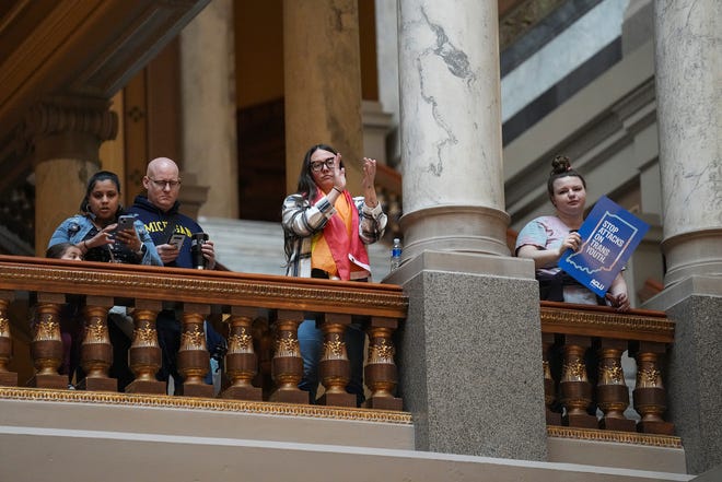 Hundreds attend a Rally to Protect Trans Youth organized by the ACLU of Indiana on Saturday, April 1, 2023, at the Statehouse in Indianapolis. The rally was held in response to the historic number of bills passing through the Statehouse that target the LGBTQ community.