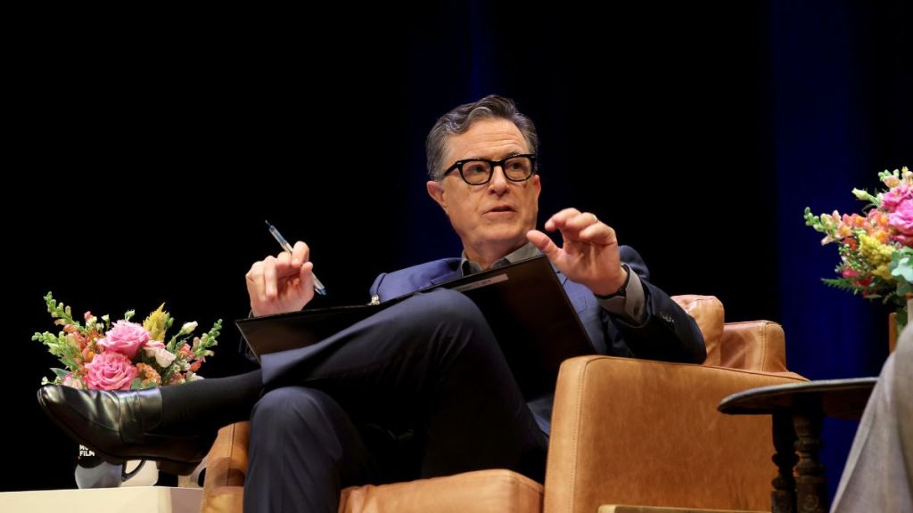 Stephen Colbert, who recently mercilessly trolled Bret Baier for his now viral Kamala Harris Fox News interview, takes part in a conversation with Paul Giamatti during the 2024 North To Shore Festival at New Jersey Performing Arts Center on July 26, 2024 in Newark, New Jersey.