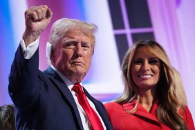 Former first lady Melania Trump joins Republican presidential nominee, former U.S. President Donald Trump on stage after he officially accepted the Republican presidential nomination on the fourth day of the Republican National Convention at the Fiserv Forum on July 18, 2024 in Milwaukee, Wisconsin.