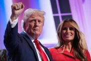 Former first lady Melania Trump joins Republican presidential nominee, former U.S. President Donald Trump on stage after he officially accepted the Republican presidential nomination on the fourth day of the Republican National Convention at the Fiserv Forum on July 18, 2024 in Milwaukee, Wisconsin.