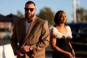 Travis Kelce and girlfriend, Kayla Nicole, arrive to the NFL Honors show at the YouTube Theater on February 10, 2022 in Inglewood, California.