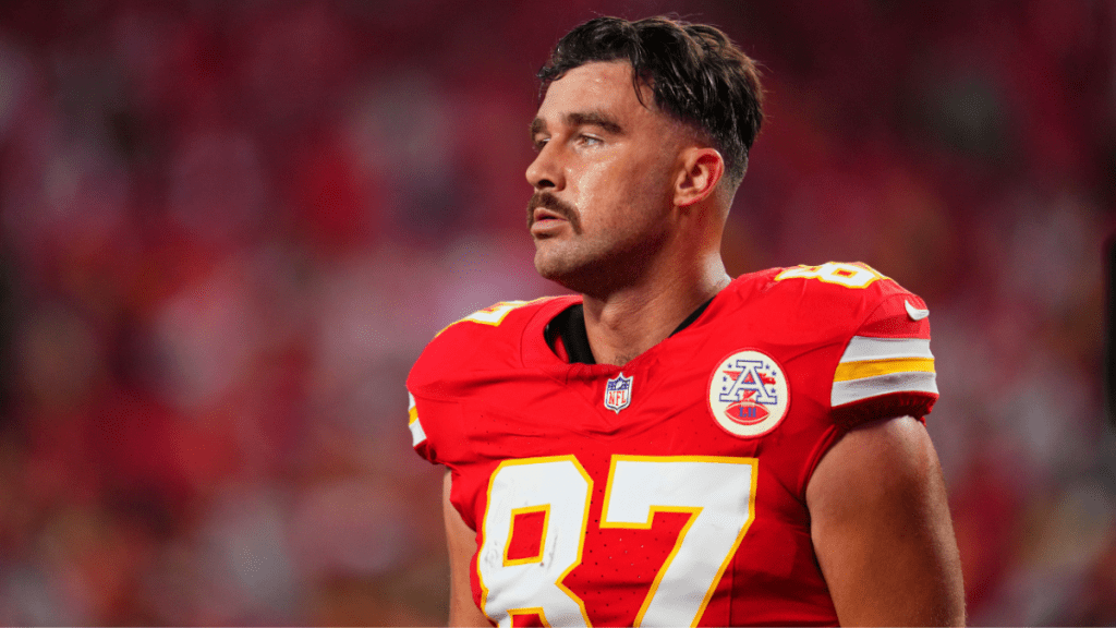 Travis Kelce #87 of the Kansas City Chiefs warms up before kickoff against the New Orleans Saints prior to an NFL football game at GEHA Field at Arrowhead Stadium on October 7, 2024 in Kansas City, Missouri.