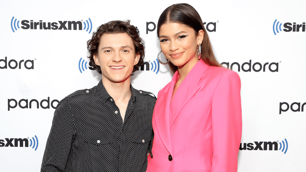 Tom Holland and Zendaya attend SiriusXM's Town Hall with the cast of Spider-Man: No Way Home on December 10, 2021 in New York City.